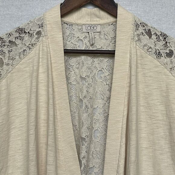 Logo by Lori Goldstein Open Cardigan Women M/L Beige Lace Detail Pockets D16 - Picture 2 of 12